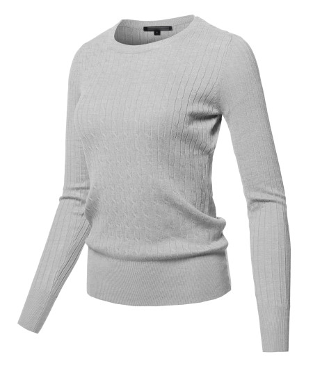 Women's Lightweight Solid Long Sleeve Crew Neck Cable Knit Sweater