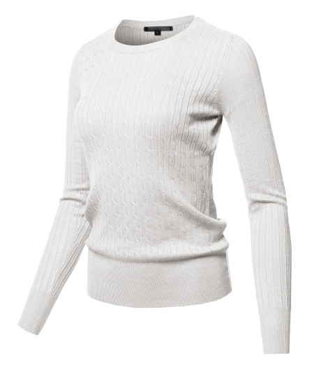 Women's Lightweight Solid Long Sleeve Crew Neck Cable Knit Sweater