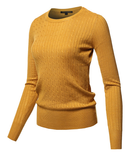 Women's Lightweight Solid Long Sleeve Crew Neck Cable Knit Sweater