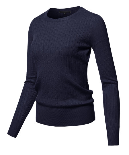 Women's Lightweight Solid Long Sleeve Crew Neck Cable Knit Sweater