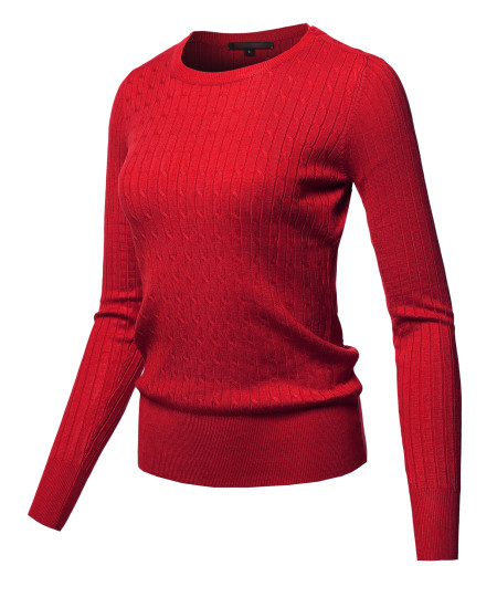 Women's Lightweight Solid Long Sleeve Crew Neck Cable Knit Sweater