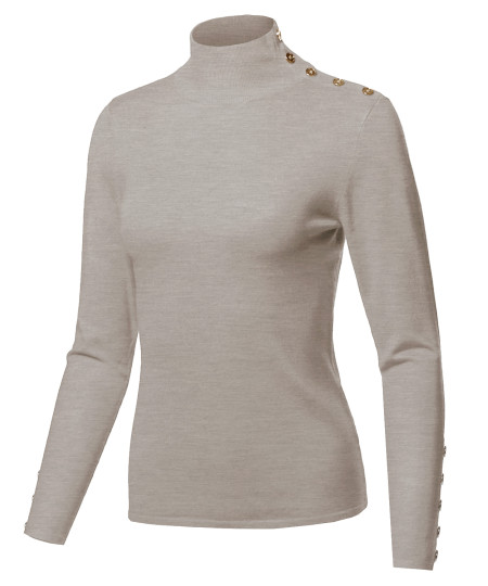 Women's Fitted Gold Button Detail Soft Long Sleeve Mock Turtleneck Knit Sweater