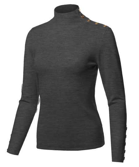 Women's Fitted Gold Button Detail Soft Long Sleeve Mock Turtleneck Knit Sweater