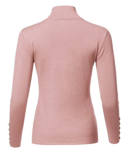 Women's Fitted Gold Button Detail Soft Long Sleeve Mock Turtleneck Knit Sweater