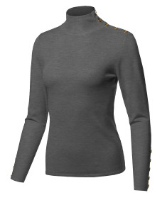 Women's Fitted Gold Button Detail Soft Long Sleeve Mock Turtleneck Knit Sweater