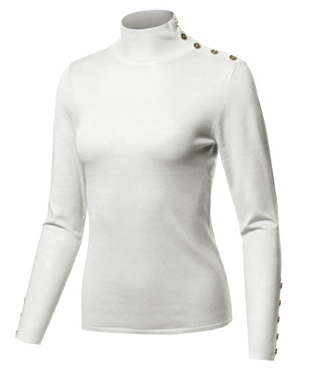 Women's Fitted Gold Button Detail Soft Long Sleeve Mock Turtleneck Knit Sweater