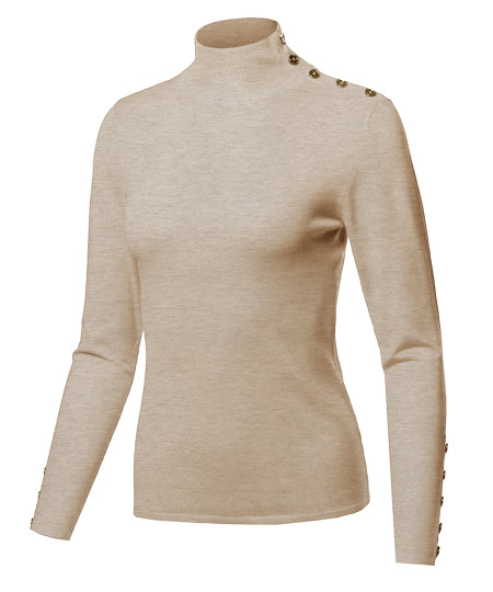 Women's Fitted Gold Button Detail Soft Long Sleeve Mock Turtleneck Knit Sweater