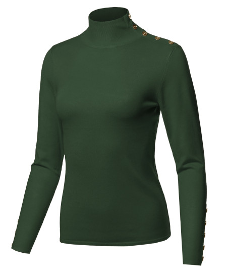 Women's Fitted Gold Button Detail Soft Long Sleeve Mock Turtleneck Knit Sweater