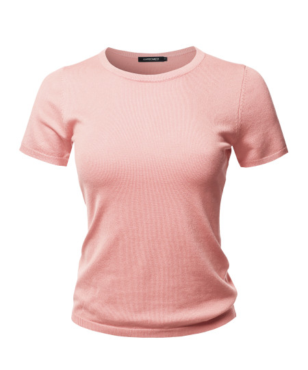 Women's Solid Crew Neck Short Sleeve Viscose Knit  Sweater Top