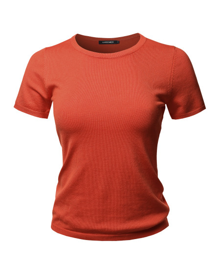 Women's Solid Crew Neck Short Sleeve Viscose Knit  Sweater Top