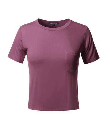 Women's Basic Solid Round Neck Chest Pocket Short Sleeves Top