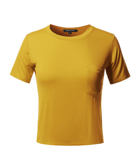 Women's Basic Solid Round Neck Chest Pocket Short Sleeves Top