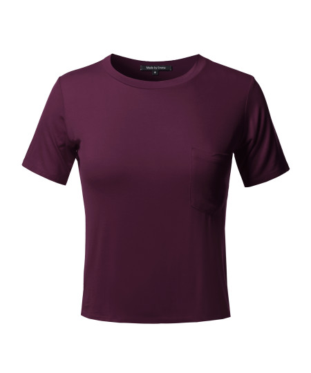 Women's Basic Solid Round Neck Chest Pocket Short Sleeves Top
