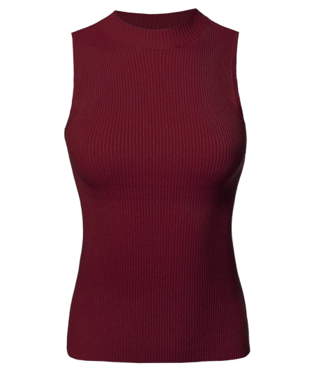 Women's Solid Stretch Ribbed Sleeveless Mock Neck Knit Top