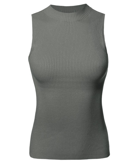 Women's Solid Stretch Ribbed Sleeveless Mock Neck Knit Top