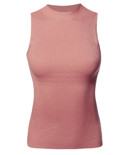 Women's Solid Stretch Ribbed Sleeveless Mock Neck Knit Top