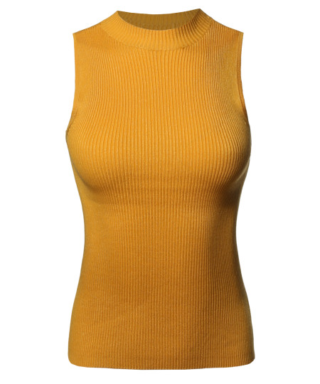 Women's Solid Stretch Ribbed Sleeveless Mock Neck Knit Top