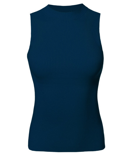 Women's Solid Stretch Ribbed Sleeveless Mock Neck Knit Top