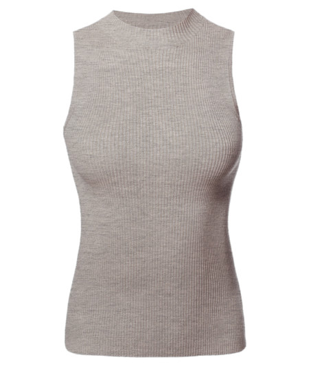 Women's Solid Stretch Ribbed Sleeveless Mock Neck Knit Top