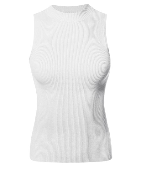 Women's Solid Stretch Ribbed Sleeveless Mock Neck Knit Top