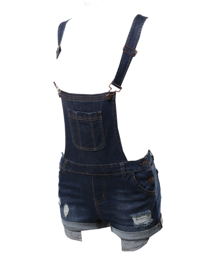 Women's Casual Printed Pocket Lining Rolled Cuff Denim Short Overall