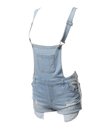 Women's Casual Printed Pocket Lining Rolled Cuff Denim Short Overall