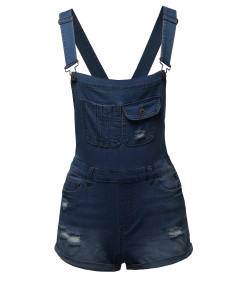 Women's Casual Distressed Rolled Cuff Denim Overall Short 