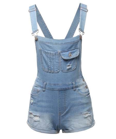 Women's Casual Distressed Rolled Cuff Denim Overall Short 