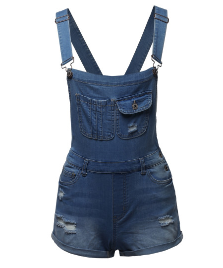 Women's Casual Distressed Rolled Cuff Denim Overall Short 