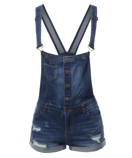 Women's Casual Distressed Rolled Cuff Denim Overall Short 