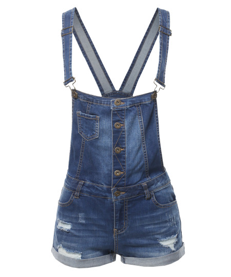 Women's Casual Distressed Rolled Cuff Denim Overall Short 