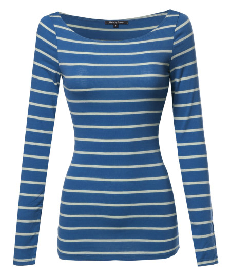 Women's Junior Basic Casual Long Sleeves Stripe Boat Neck Tee Top