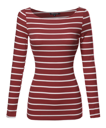 Women's Junior Basic Casual Long Sleeves Stripe Boat Neck Tee Top