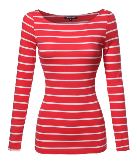 Women's Junior Basic Casual Long Sleeves Stripe Boat Neck Tee Top