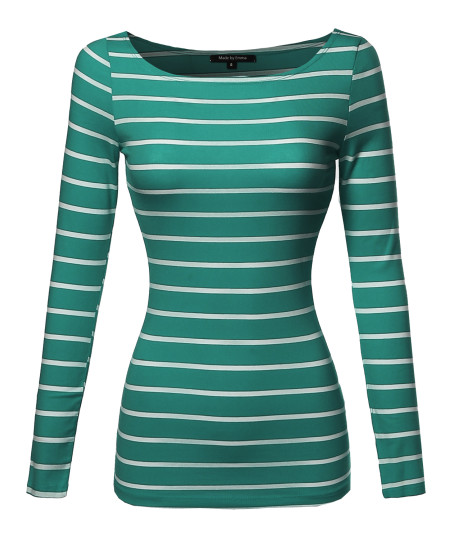 Women's Junior Basic Casual Long Sleeves Stripe Boat Neck Tee Top