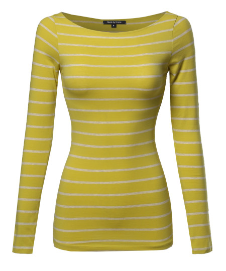 Women's Junior Basic Casual Long Sleeves Stripe Boat Neck Tee Top