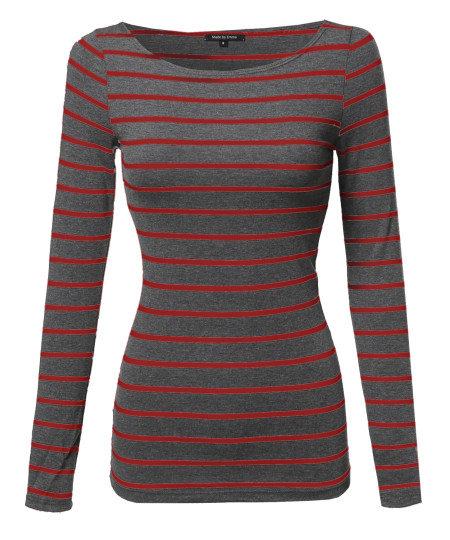 Women's Junior Basic Casual Long Sleeves Stripe Boat Neck Tee Top