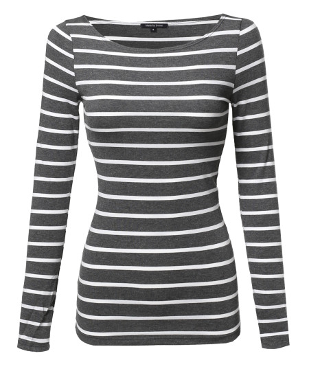 Women's Junior Basic Casual Long Sleeves Stripe Boat Neck Tee Top