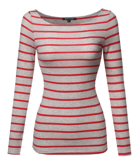 Women's Junior Basic Casual Long Sleeves Stripe Boat Neck Tee Top