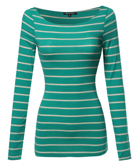 Women's Junior Basic Casual Long Sleeves Stripe Boat Neck Tee Top