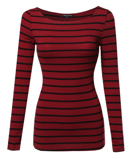 Women's Junior Basic Casual Long Sleeves Stripe Boat Neck Tee Top