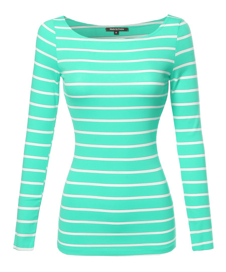 Women's Junior Basic Casual Long Sleeves Stripe Boat Neck Tee Top