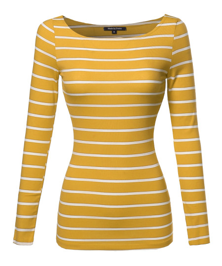Women's Junior Basic Casual Long Sleeves Stripe Boat Neck Tee Top