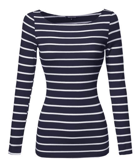 Women's Junior Basic Casual Long Sleeves Stripe Boat Neck Tee Top