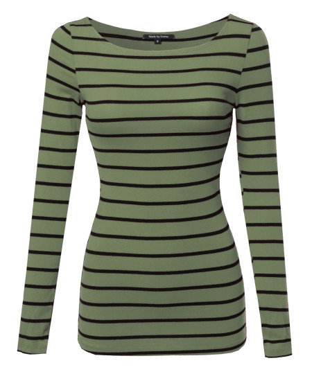 Women's Junior Basic Casual Long Sleeves Stripe Boat Neck Tee Top