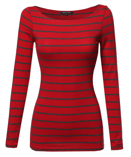 Women's Junior Basic Casual Long Sleeves Stripe Boat Neck Tee Top