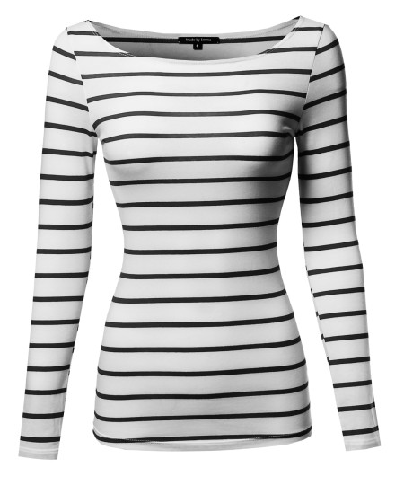 Women's Junior Basic Casual Long Sleeves Stripe Boat Neck Tee Top