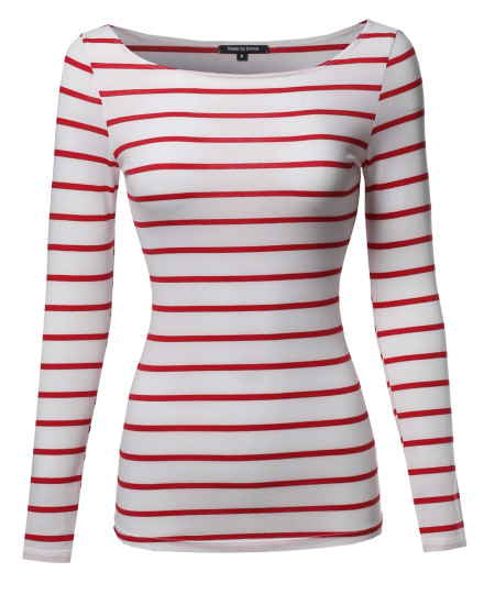 Women's Junior Basic Casual Long Sleeves Stripe Boat Neck Tee Top