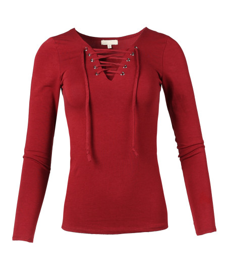 Women's Casual Solid Front Lace Up V-Neck Long Sleeve Top