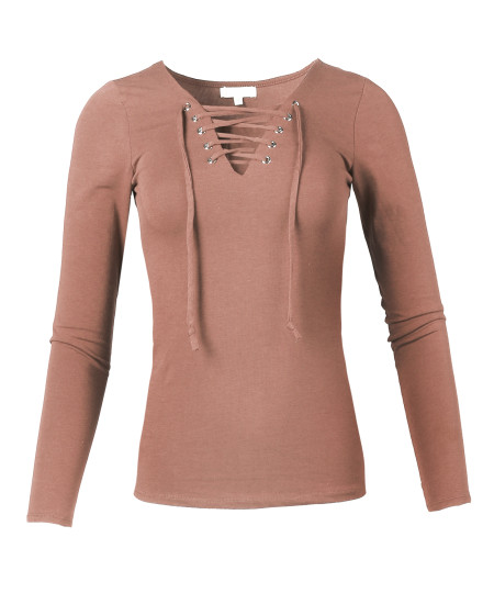 Women's Casual Solid Front Lace Up V-Neck Long Sleeve Top